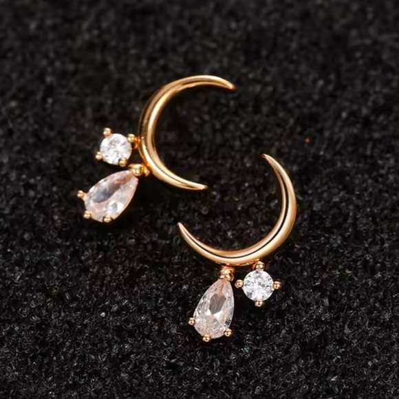 “Tears from the Moon” Crescent Sliver Dripping Crystals Swarovski Tiny 14K Studs - Picture 10 of 16